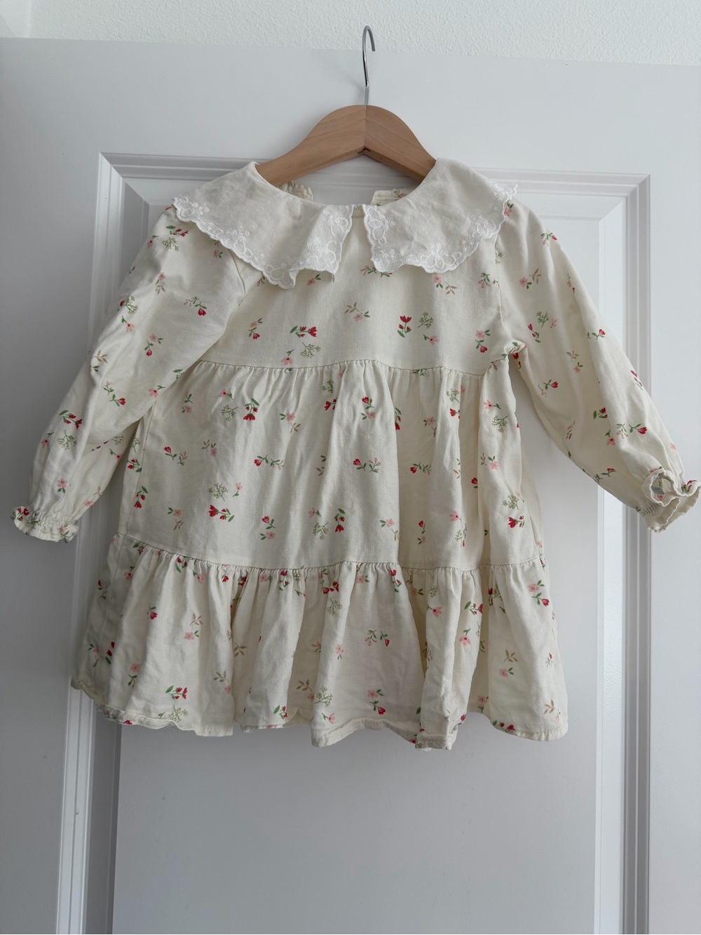Girls Cream Floral Tiered Dress with Lace Collar